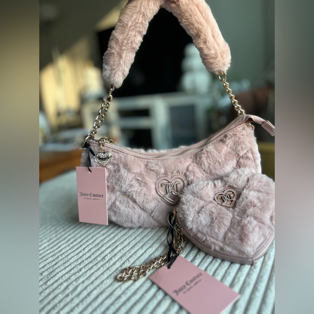 Juicy Couture Let’s Get Cozy Shoulder Bag/Get Cozy Heart Wristlet - Dusty Blush